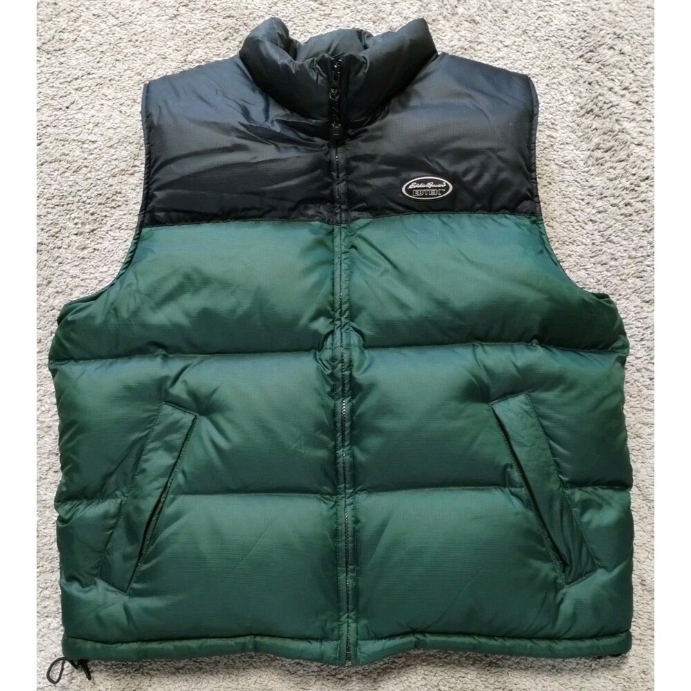 Eddie Bauer Puffer Vest Men's L Ebtek Goose Down Green Black Gorpcore Warm Large